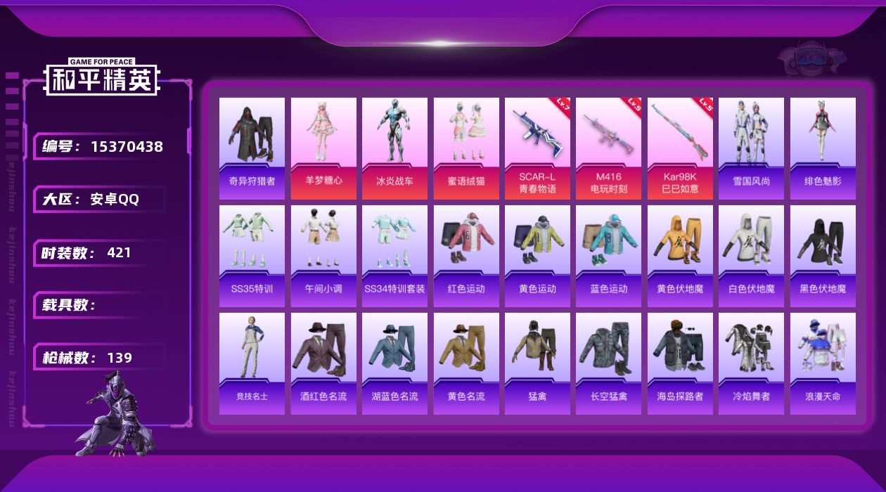 和平精英账号安卓QQ3粉装 3特效枪 2印记 可二次 可修改实名 
【热门装扮】奇异狩猎者,羊梦糖心,冰炎战车,蜜语绒猫