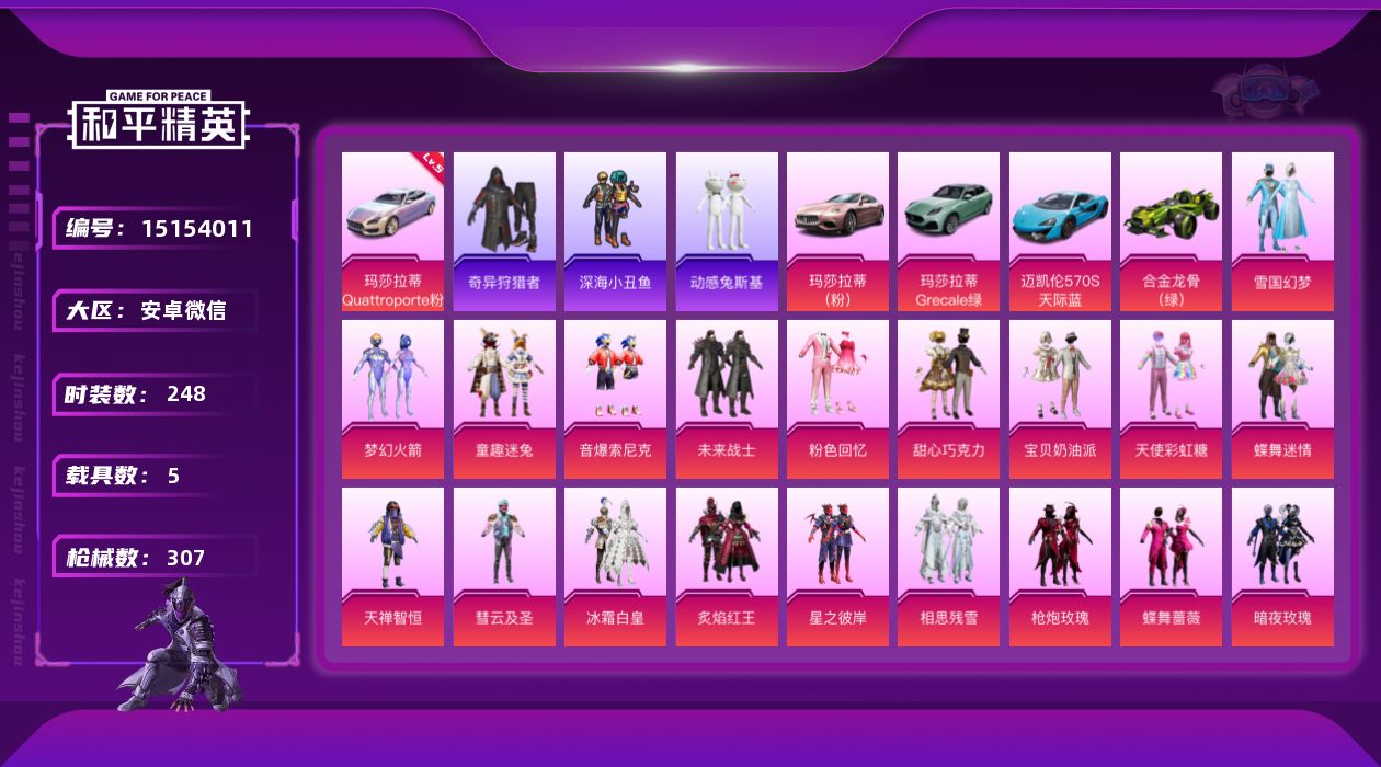 和平精英账号安卓微信[15154011]5级玛莎幻星粉/雪国/哥特/奇异/童趣迷兔头盔/特价急出！详情看图！身法素材号！安卓 微信-68粉装-32特效枪-5载具-6粉色飞行器-135026热力值-13王牌印记-248套装