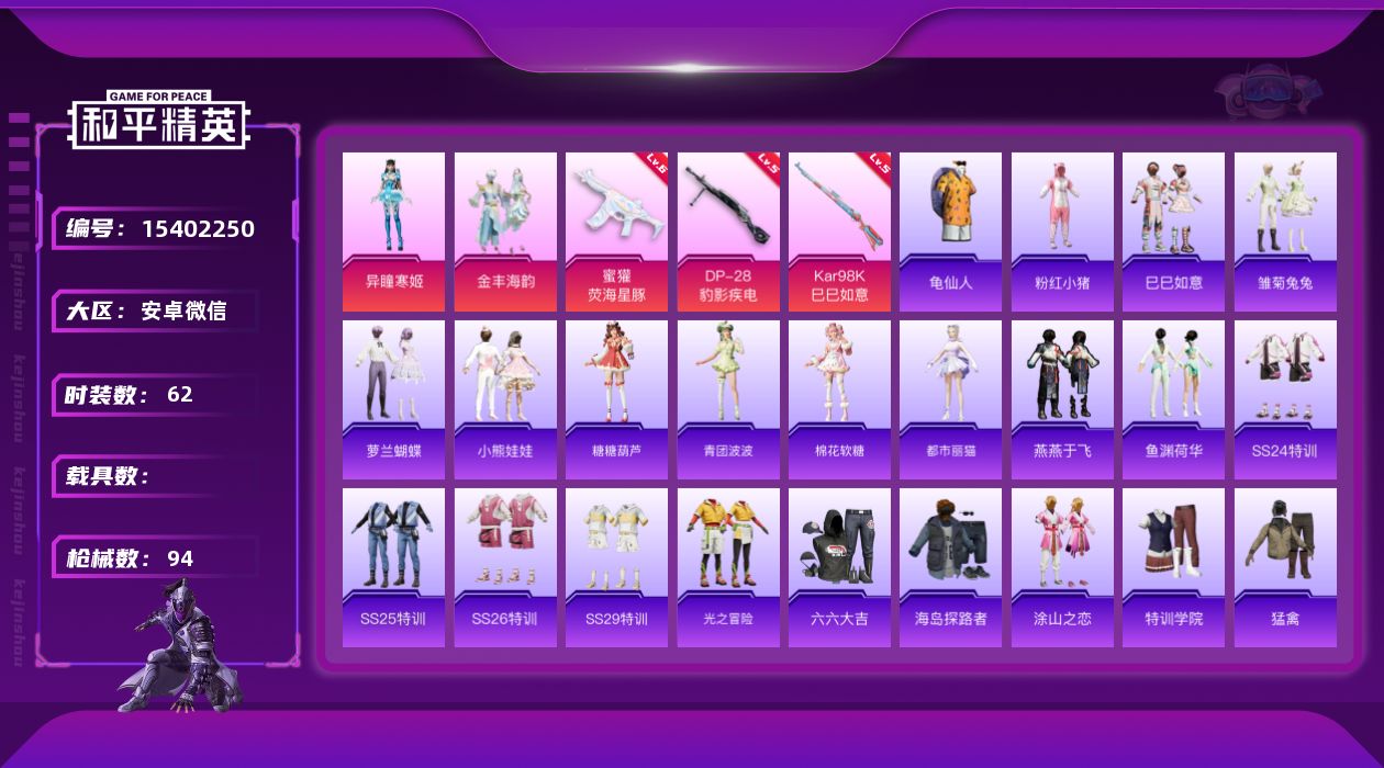 和平精英账号安卓微信[15402250]【特价出售/店主推荐】安卓 微信-2粉装-3特效枪-0载具-0粉色飞行器-25292热力值-5王牌印记-62套装-94枪皮
【热门品类】：套装-龟仙人，套装-粉红小猪
【粉色套装】