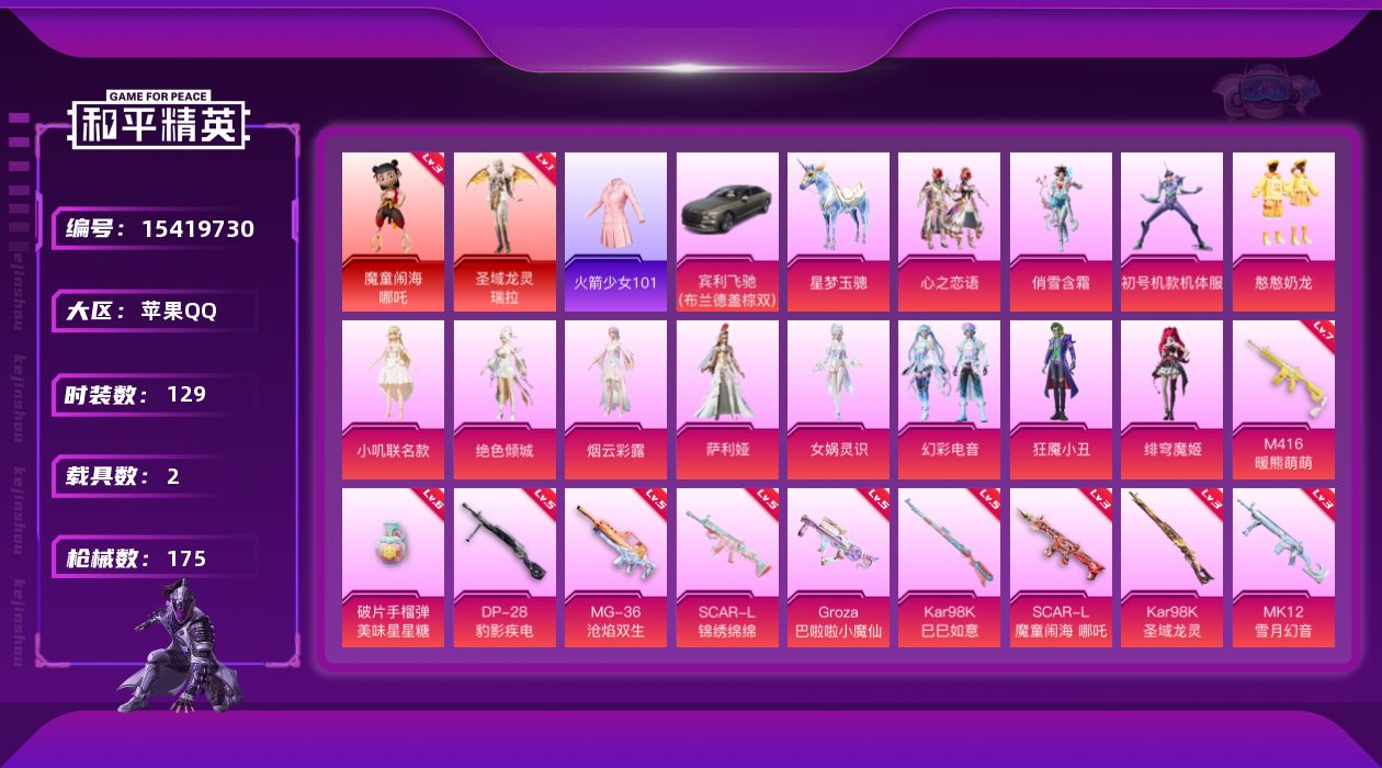 和平精英账号苹果QQ[15419730]732扭蛋碎片连体王者v10老101苹果 手Q-2神装-12粉装-10特效枪-2载具-6粉色飞行器-67134热力值-7王牌印记-129套装-175枪皮
【红色神装等级】：魔童闹海