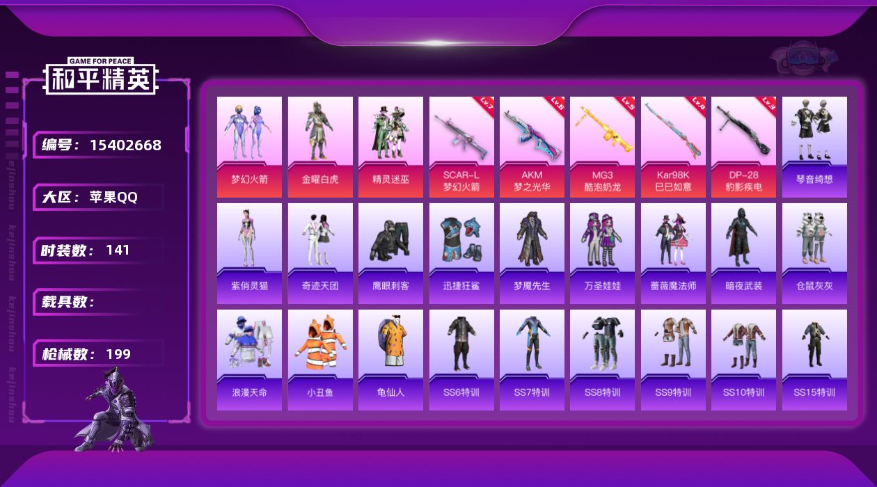 和平精英账号苹果QQ【特价出售/店主推荐】苹果 手Q-3粉装-5特效枪-0载具-2粉色飞行器-56858热力值-10王牌印记-141套装-199枪皮【热门品类】：粉装-梦幻火箭，套装-浪漫天命，套装-