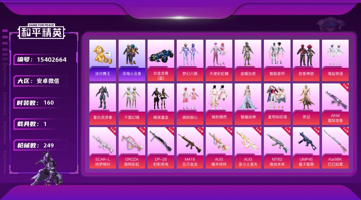 和平精英账号安卓微信[15402664]【特价出售/店主推荐】社交限制 游戏正常 安卓 微信-无敌战神框-14粉装-13特效枪-1载具-5粉色飞行器-87403热力值-10王牌印记-160套装-249枪皮【热门品类】：粉