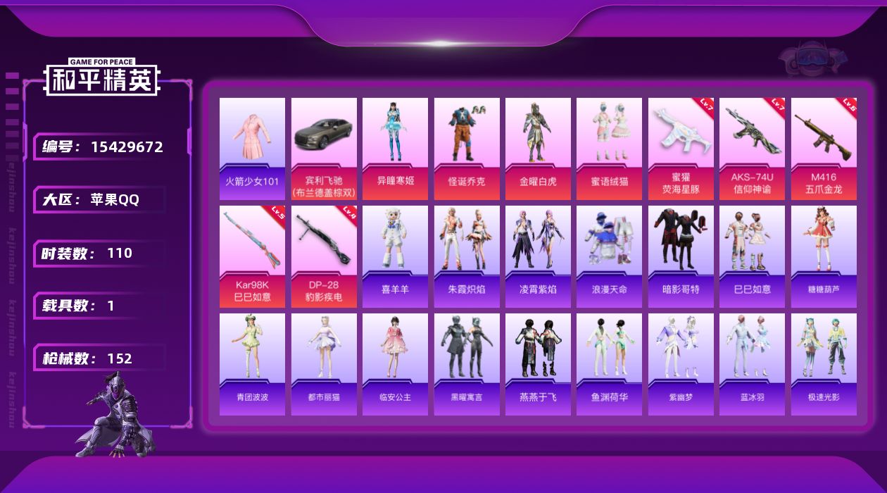 和平精英账号苹果QQ"DFX15 包人脸苹果Q-2稀有1载具4粉装5特效枪6热门110套装152枪皮 48267热力值 