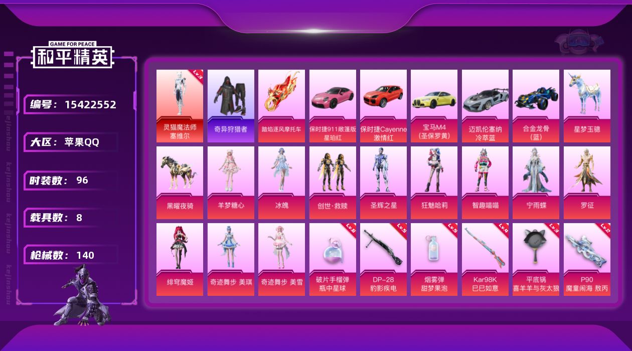 和平精英账号苹果QQ[15422552]【特价出售/店主推荐】苹果 手Q-1神装-11粉装-8特效枪-8载具-5粉色飞行器-53926热力值-4王牌印记-96套装-140枪皮【红色神装等级】：灵猫魔法师-塞维尔(三级)【
