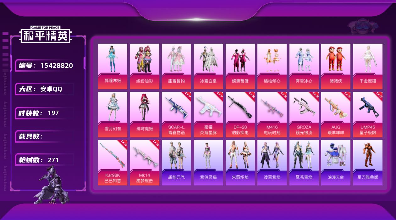 和平精英账号安卓QQ[15428820]【特价出售/店主推荐】安卓 手Q-11粉装-9特效枪-0载具-5粉色飞行器-83344热力值-10王牌印记-197套装-271枪皮【热门品类】：粉装-缤纷油彩，套装-浪漫天命，角色