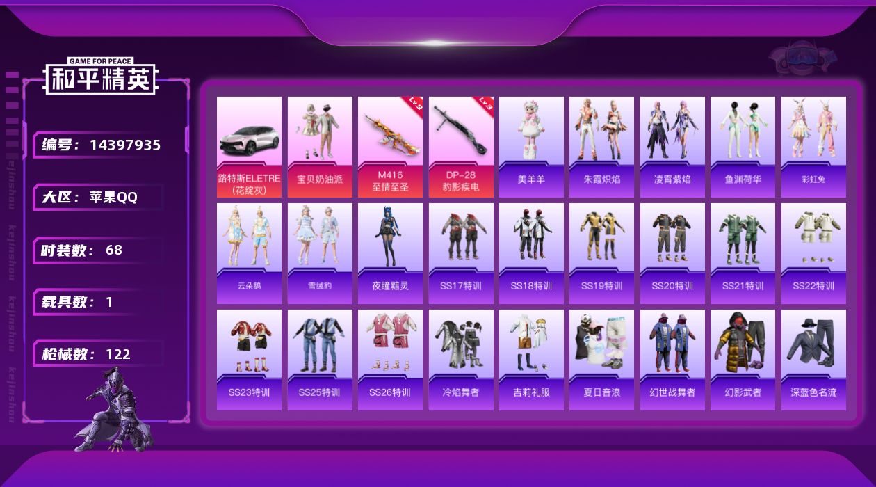 和平精英账号苹果QQ" DF397苹果Q-1稀有1载具1粉装2特效枪1热门68套装122枪皮 33655热力值 14印记