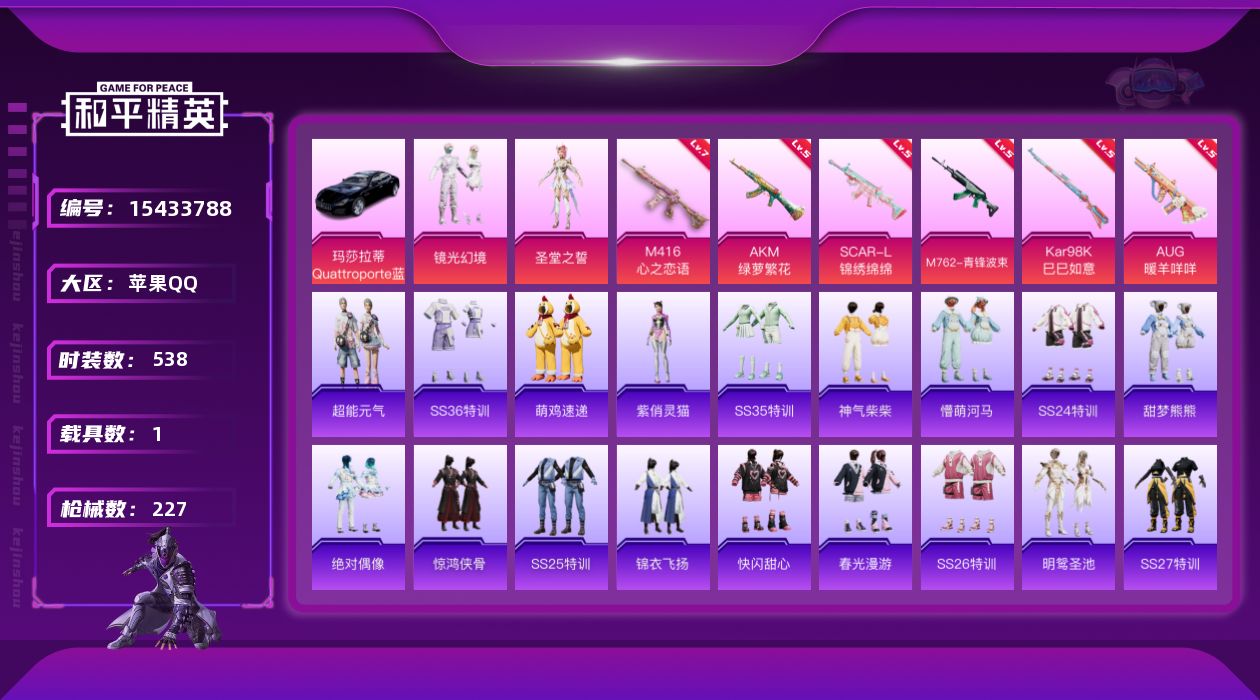 和平精英账号苹果QQ[15433788]实名: 可修改 时装数: 145 载具数: 1 枪械数: 227 战备数: 18