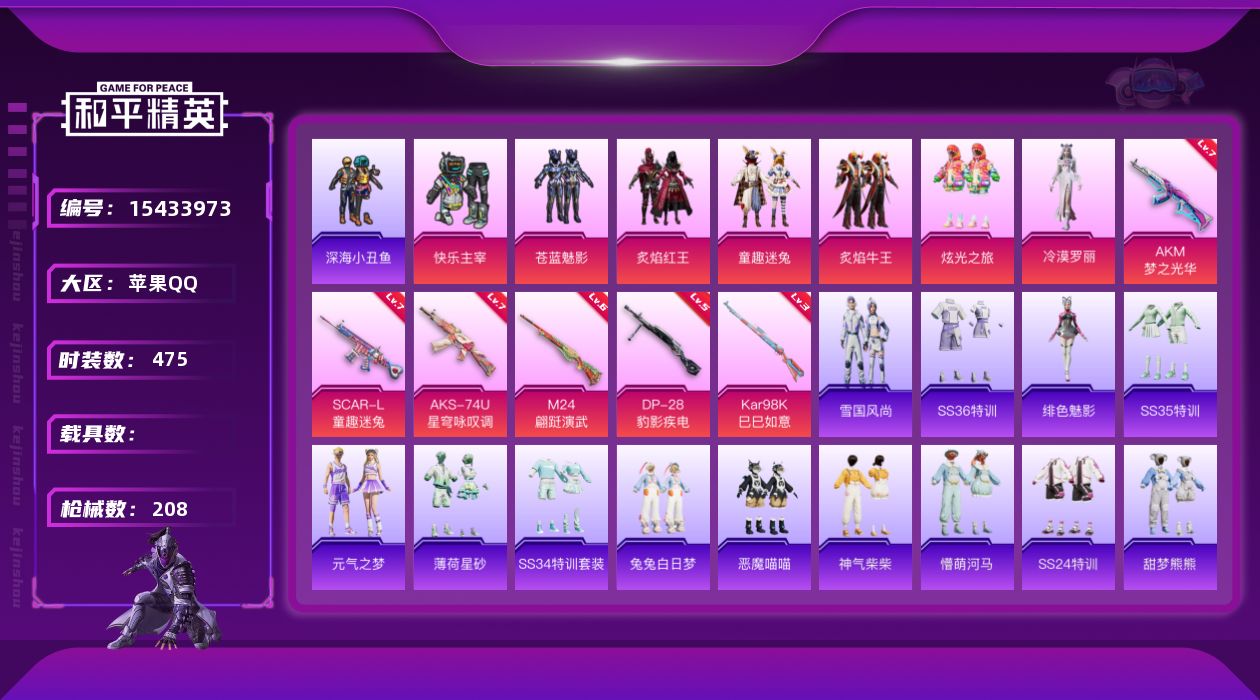和平精英账号苹果QQ[15433973]实名: 可修改 时装数: 132 枪械数: 208 战备数: 117 热门装扮: