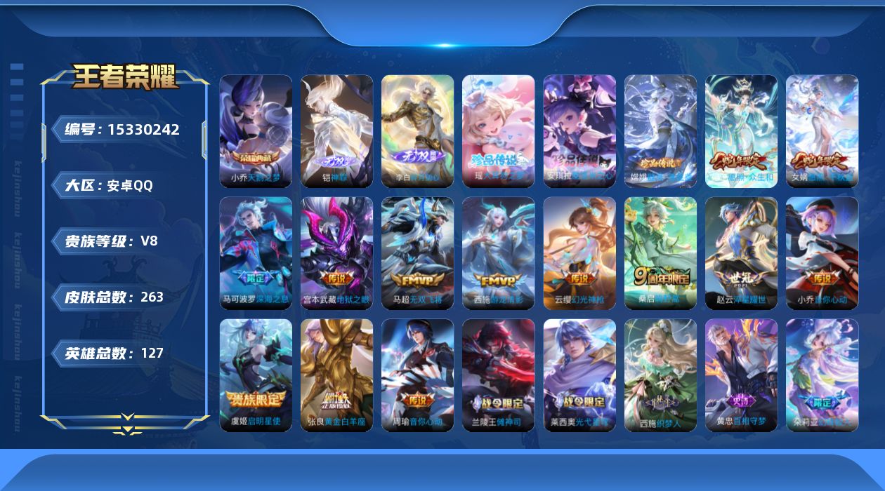 王者荣耀账号安卓QQ[15330242]可二次【店主推荐捡漏号！可直接换绑】：安卓Q-V8-最强王者段位-127英雄-263皮肤-1典藏-2无双-3珍品传说-13传说-68史诗
【英雄全皮】：孙权全皮，空空儿全皮
【荣耀