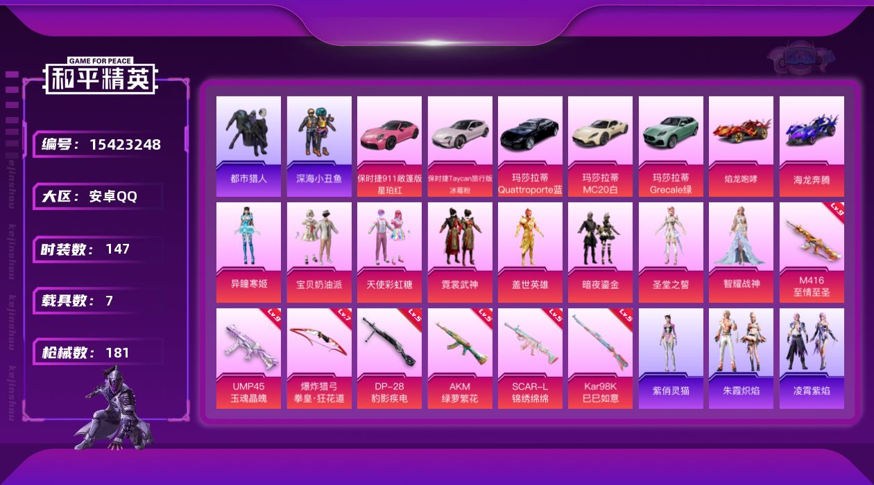 和平精英账号安卓QQ[15423248]【特价出售/店主推荐】安卓 手Q-8粉装-7特效枪-7载具-0粉色飞行器-68070热力值-11王牌印记-147套装-181枪皮【热门品类】：套装-浪漫天命，套装-都市猎人，套装-
