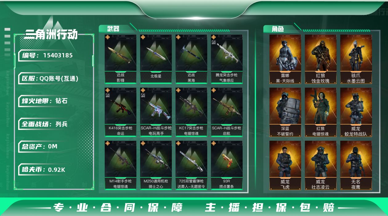 三角洲行动账号QQ总资产:248.5M 10干员外观 3近战传说 48传说枪械 哈夫币:923.174K 可二次 可修