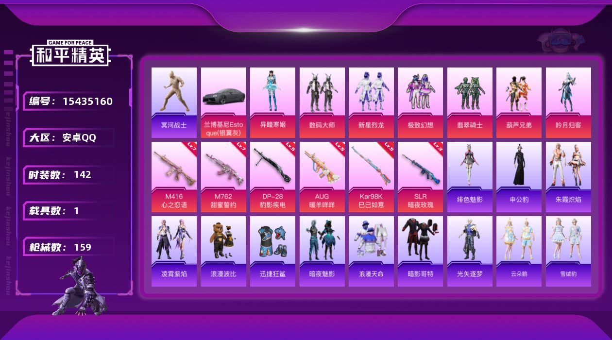 和平精英账号安卓QQ"DFX187有二次安卓Q-4稀有1载具7粉装6特效枪12热门142套装159枪皮 58557热力值