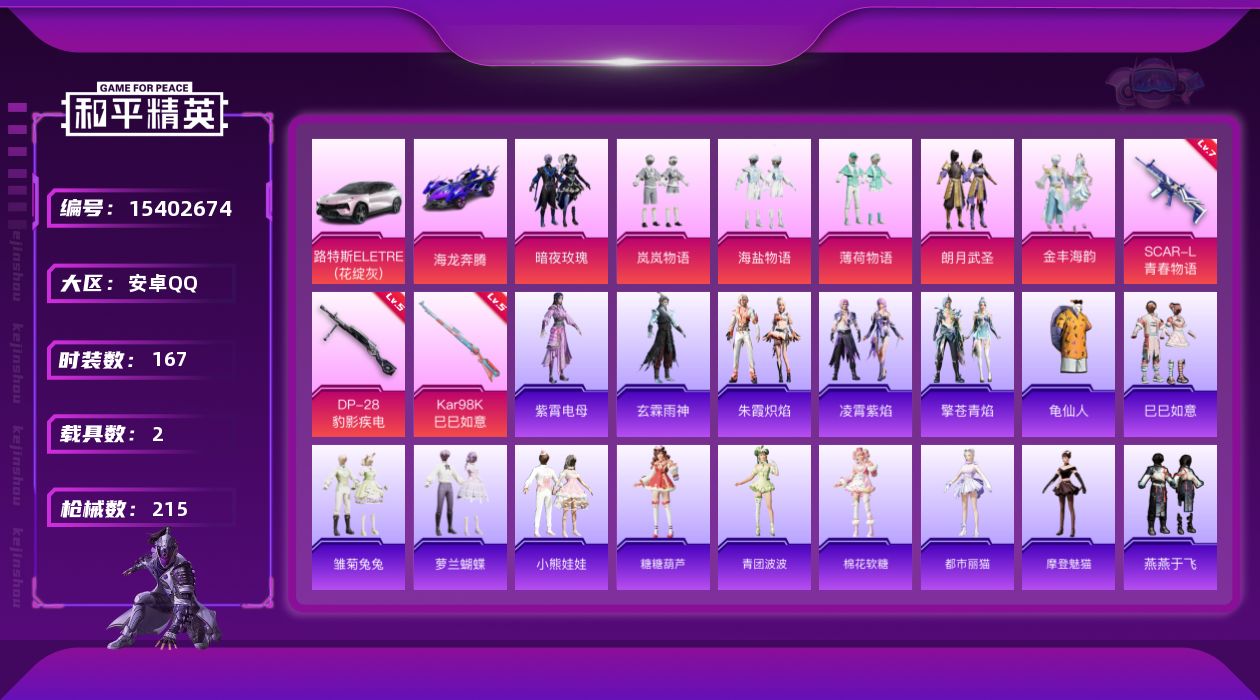 和平精英账号安卓QQ[15402674]【特价出售/店主推荐】安卓 手Q-6粉装-3特效枪-2载具-1粉色飞行器-69403热力值-3王牌印记-167套装-215枪皮【热门品类】：套装-龟仙人【粉色套装】：粉装-暗夜玫瑰