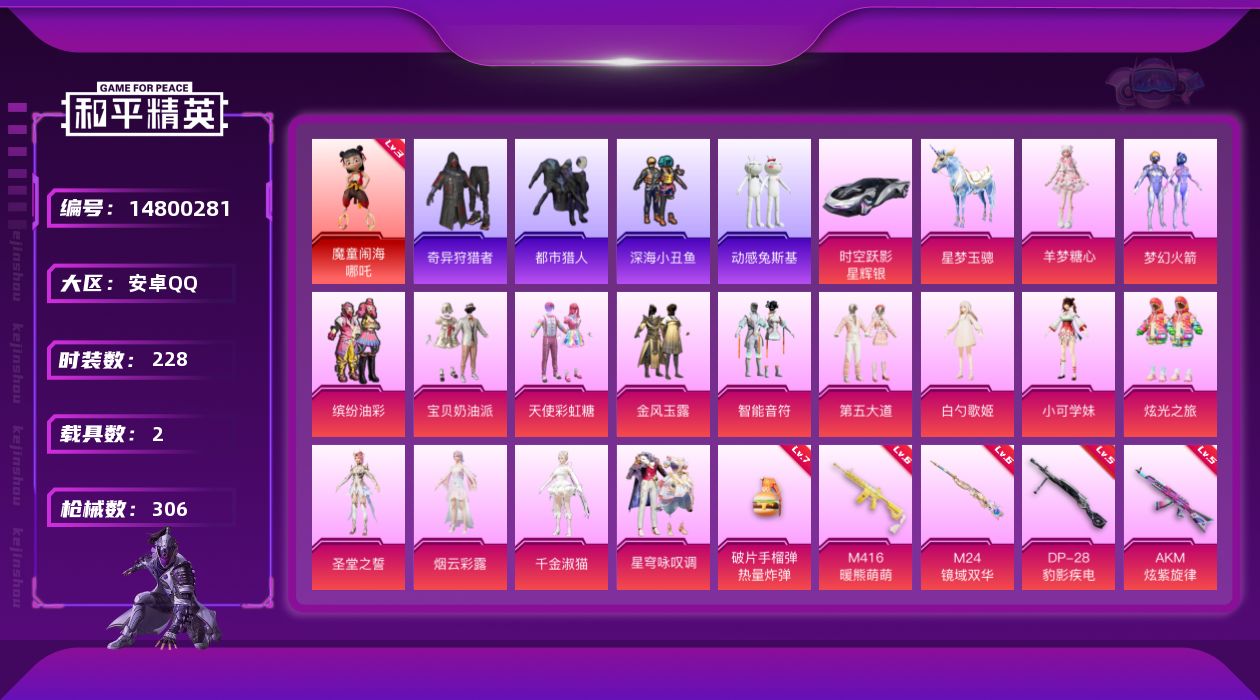 和平精英账号安卓QQ[14800281]DAS7858 (可二次实名) 安卓Q-1红装4稀有2载具15粉装17特效枪22热门228套装306枪皮 109293热力值 18印记 历史卓越王牌20星  魔童闹海-哪吒 (3级