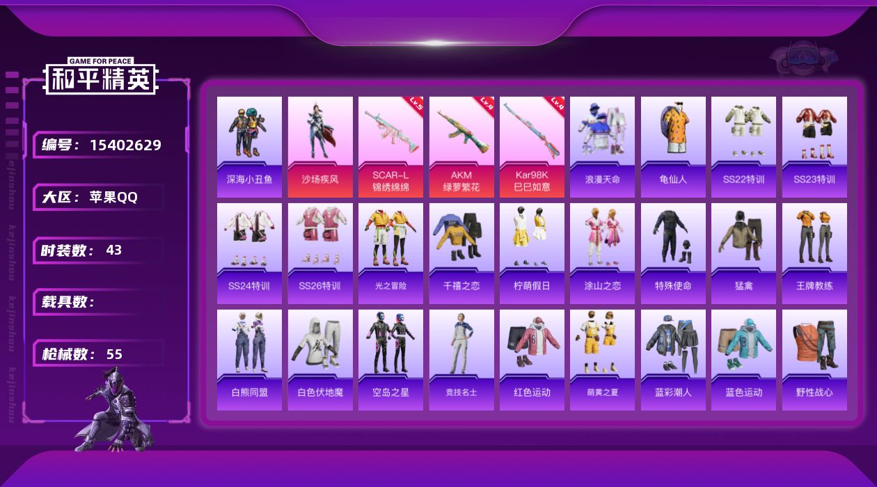 和平精英账号苹果QQ[15402629]【特价出售/店主推荐】苹果 手Q-1粉装-3特效枪-0载具-0粉色飞行器-14655热力值-3王牌印记-43套装-55枪皮【热门品类】：套装-浪漫天命，套装-深海小丑鱼，套装-龟仙
