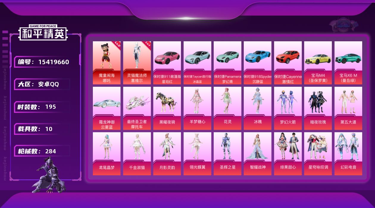 和平精英账号安卓QQ[15419660]【特价出售/店主推荐】安卓 手Q-2神装-24粉装-11特效枪-1僚机-10载具-16粉色飞行器-116401热力值-8王牌印记-195套装-284枪皮
【红色神装等级】：魔童闹海