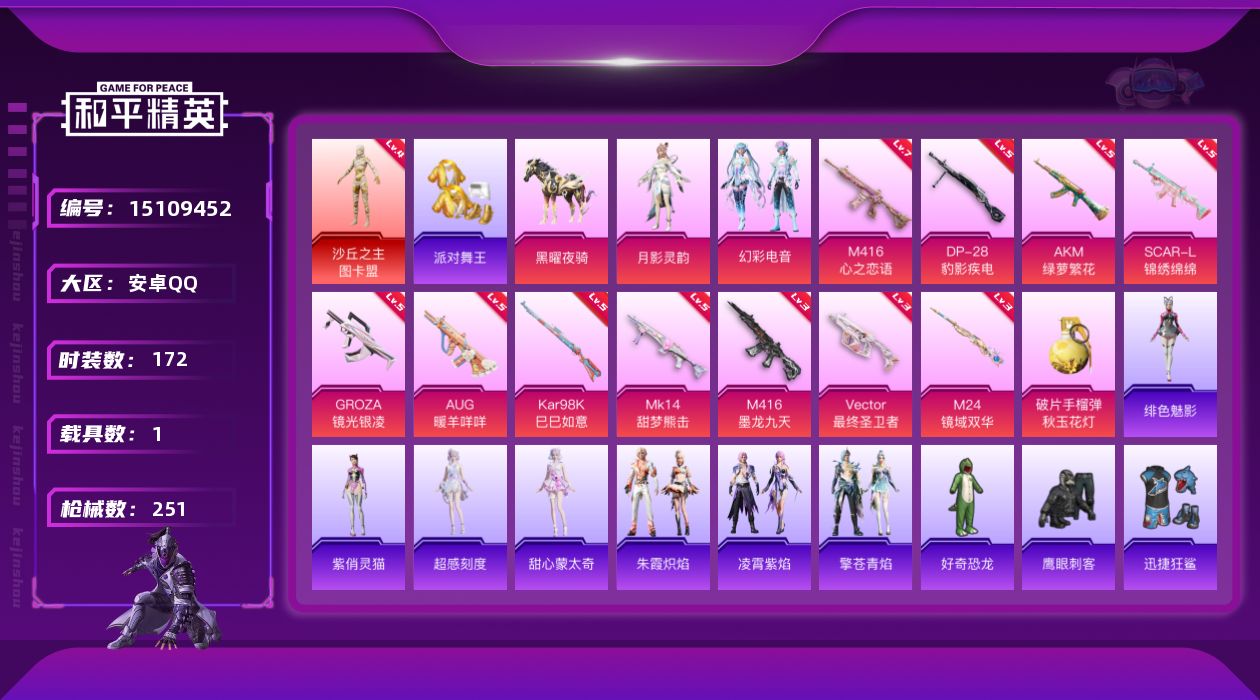 和平精英账号安卓QQDAS7949包人脸 安卓Q-1红装2稀有1载具2粉装12特效枪15热门172套装251枪皮 828