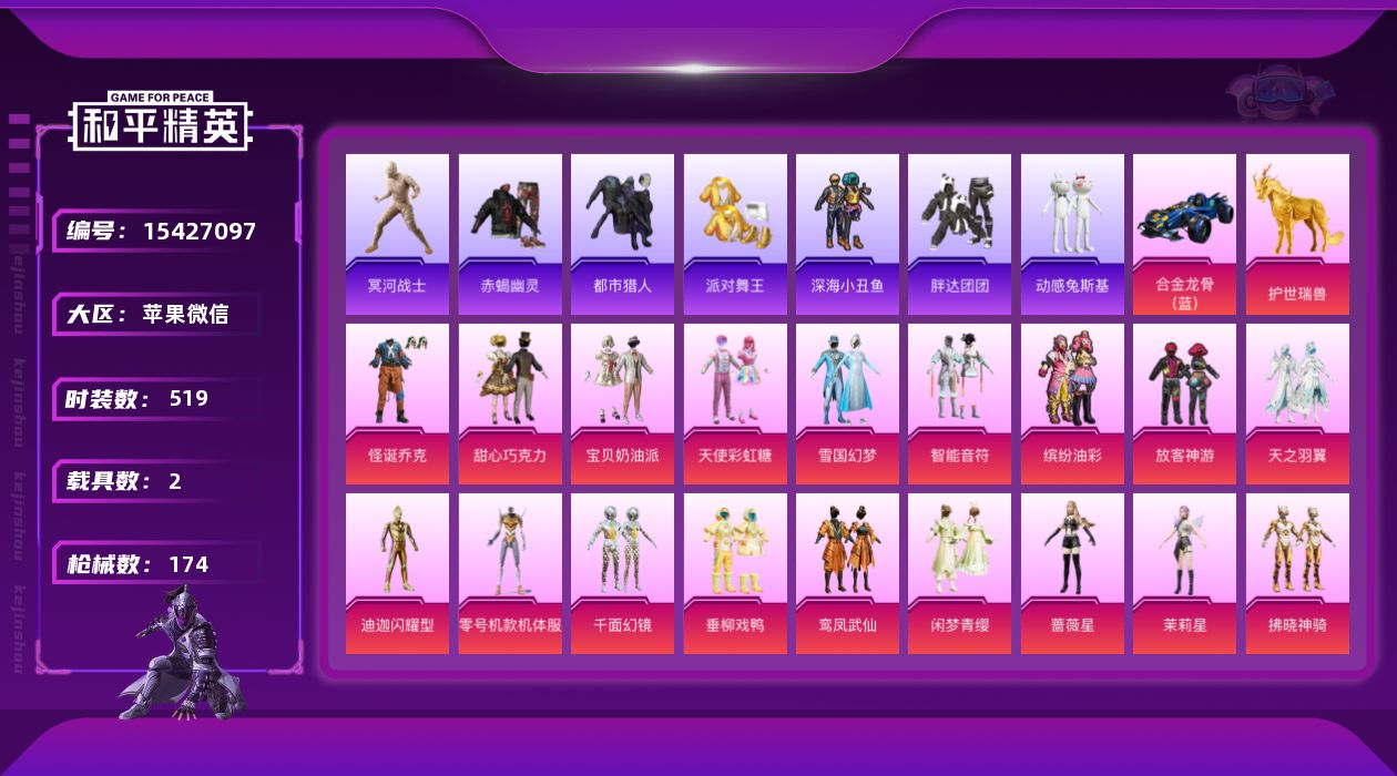 和平精英账号苹果微信[15427097]19粉装 9特效枪 2载具 12印记 可二次 可修改实名 
【热门装扮】零号机款