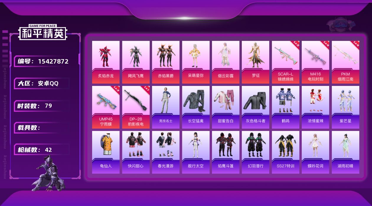 和平精英账号安卓QQ[15427872]6粉装 5特效枪 1印记 可二次 
【热门装扮】罗征,炙焰赤龙,飓风飞鹰,赤焰黑
