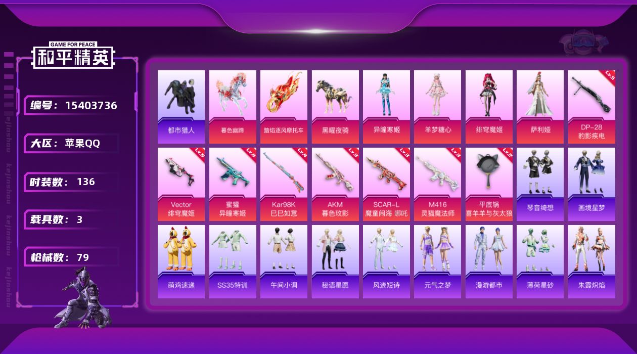 和平精英账号苹果QQ4粉装 8特效枪 3.0载具 2印记 可二次 
【热门装扮】都市猎人,鹰眼刺客,迅捷狂鲨,异瞳寒姬,