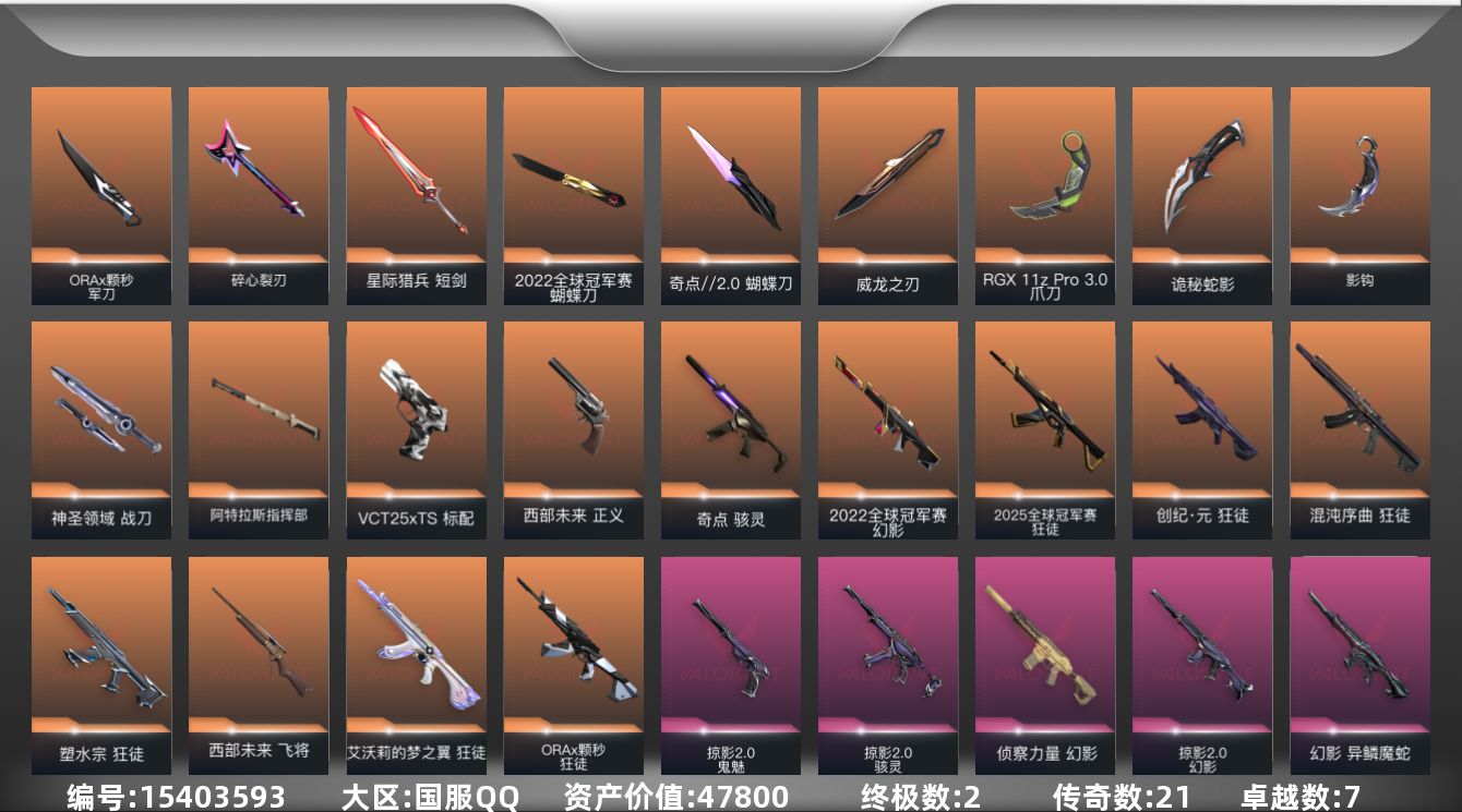 无畏契约账号QQ[15403593]21橙皮 2金皮 7紫皮 100皮肤 28英雄 114卡面 1145已用源晶 青