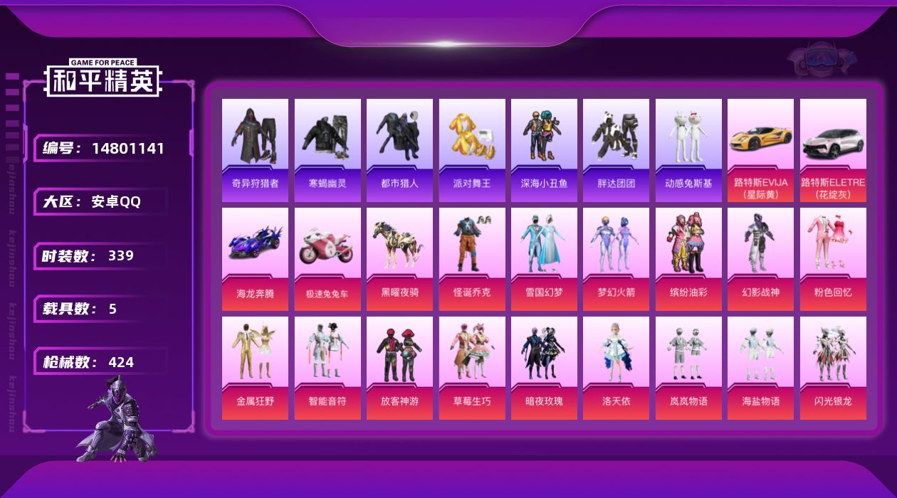 和平精英账号安卓QQ[14801141]"DF239 有二次钱包无法注销安卓Q-9稀有5载具22粉装27特效枪42热门339套装424枪皮 156107热力值 25印记 历史无敌战神  巡查衣 寒蝎幽灵 都市猎人 派对舞