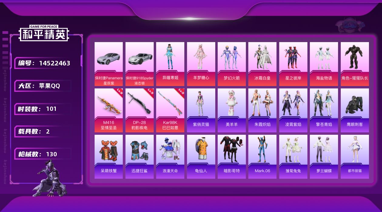 和平精英账号苹果QQ[14522463]"DAS7499 包人脸 苹果Q-1稀有2载具7粉装3特效枪11热门101套装130枪皮 43792热力值 11印记 历史绝世王牌14星  浪漫天命 梦幻火箭 M416-至情至圣 