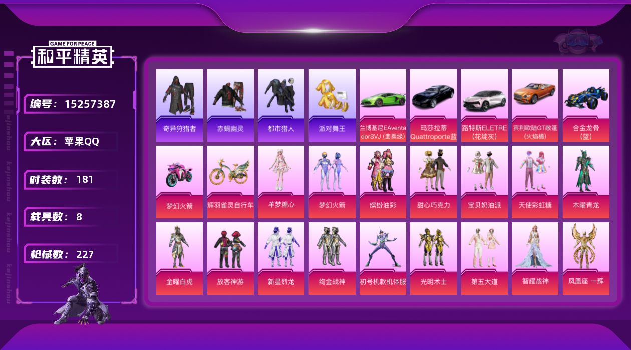 和平精英账号苹果QQ[15257387]素材身法号/无敌战神框1/绝世印记2/地铁满天赋 苹果 手Q-无敌战神框-17粉装-12特效枪-8载具-11粉色飞行器-8.1w热力值-8王牌印记-181套装-227枪皮【热门品类