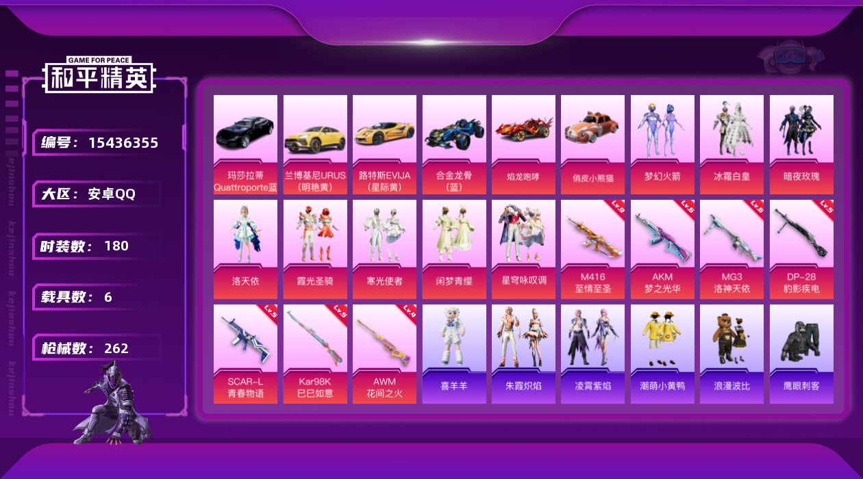 和平精英账号安卓QQ"DF345 可二次  安卓Q-1稀有6载具8粉装7特效枪23热门180套装262枪皮 94285热
