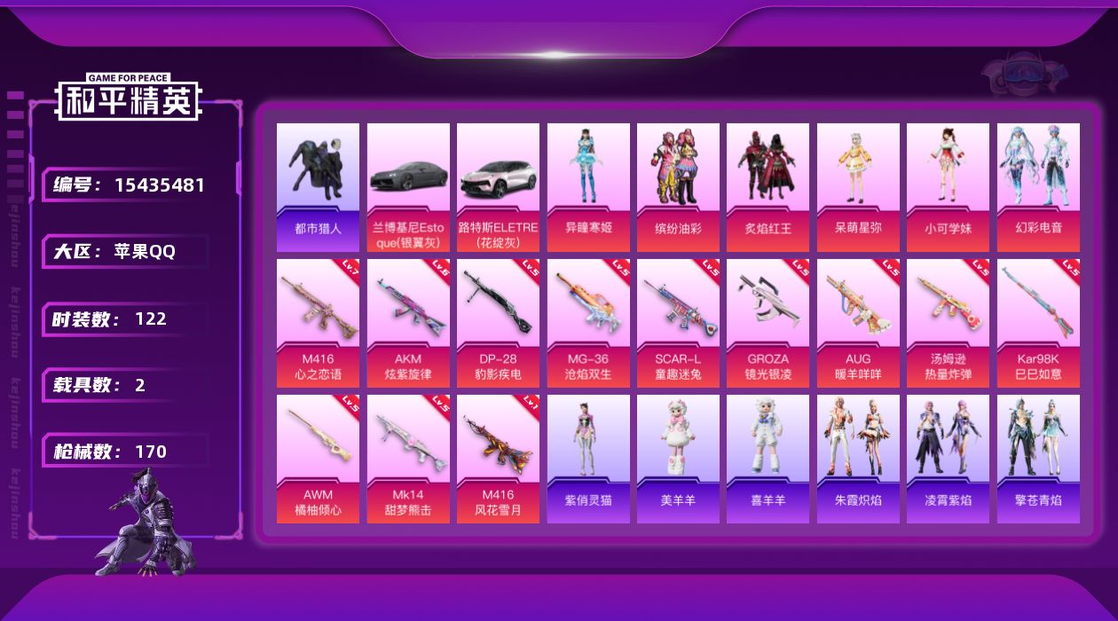 和平精英账号苹果QQ" DFX193有二次苹果Q-3稀有2载具6粉装12特效枪11热门122套装170枪皮 60675热