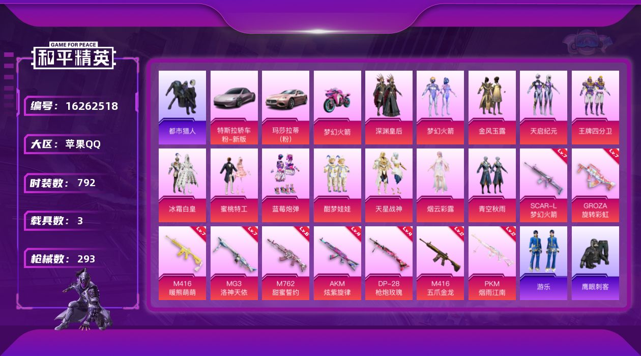 和平精英账号苹果QQ[16262518]13粉装 9特效枪 3载具 23印记 可二次 可修改实名 
【热门装扮】梦幻火箭