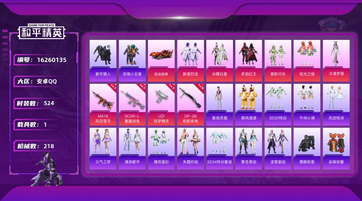 和平精英账号安卓QQ6粉装 4特效枪 1载具 19印记 可二次 可修改实名 
【热门装扮】冷漠罗丽,新星烈龙(小白龙),