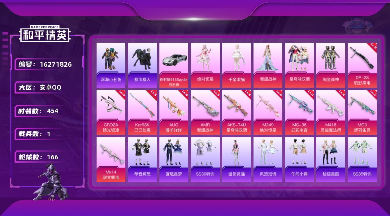 和平精英账号安卓QQ1载具-117套装-166枪皮-1载具-117套装-166枪皮-都市猎人 小番茄 千金淑猫  M41