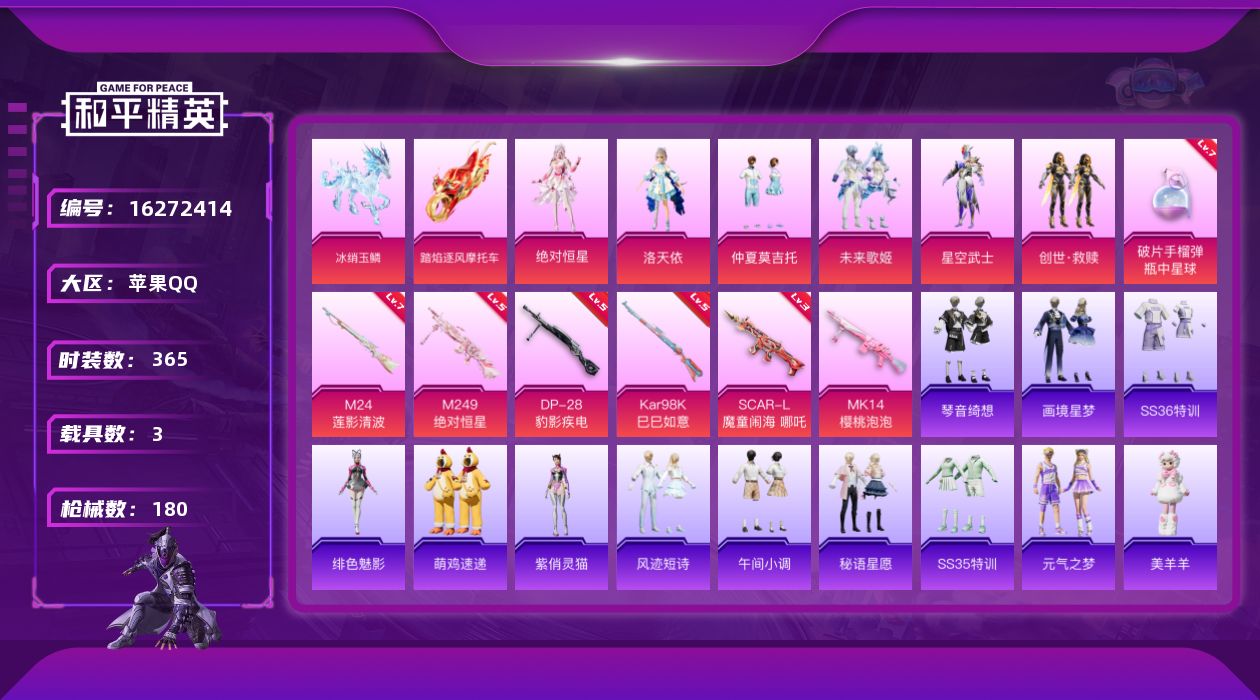 和平精英账号苹果QQ3载具-108套装-180枪皮-3载具6粉装8特效枪3热门108套装180枪皮 60084热力值 8