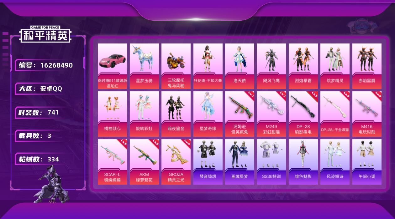 和平精英账号安卓QQ3载具-204套装-334枪皮-3载具10粉装8特效枪22热门204套装334枪皮 热力值 12印记