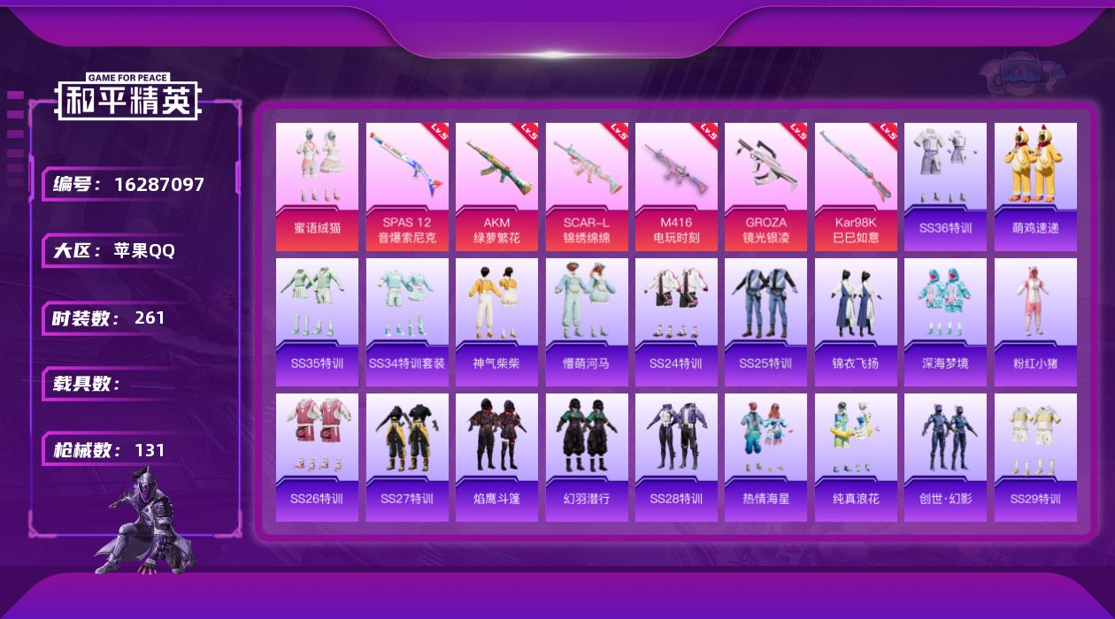 和平精英账号苹果QQ[16287097]实名: 可修改 时装数: 71 枪械数: 131 战备数: 82 热门装扮: 蜜