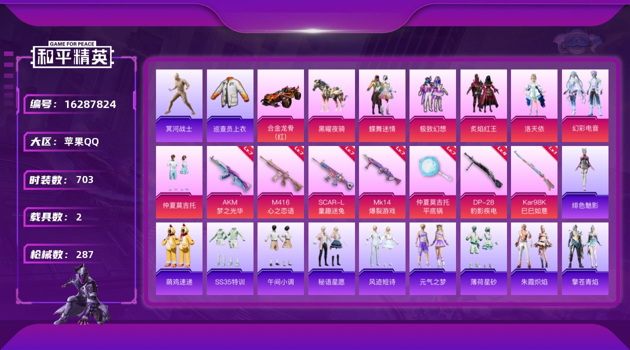 和平精英账号苹果QQ6粉装 7特效枪 2载具 26印记 可二次 可修改实名 
【热门装扮】巡查员衣服(绝对防御上衣),幻