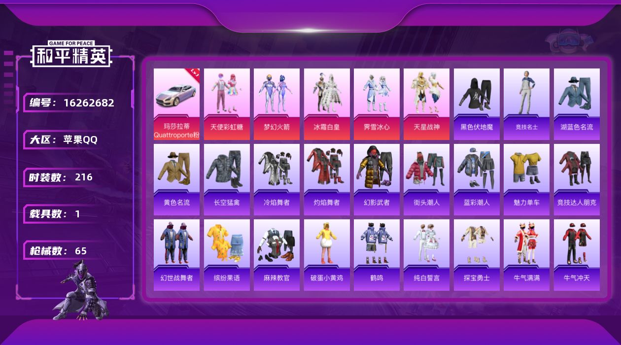 和平精英账号苹果QQ[16262682]5粉装 1载具 2印记 可二次 
【热门装扮】梦幻火箭(新101) ,天使彩虹糖