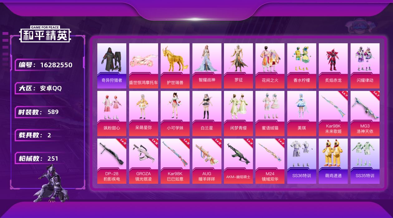和平精英账号安卓QQ2载具-165套装-251枪皮-2载具-165套装-251枪皮-2稀有2载具13粉装8特效枪7热门1