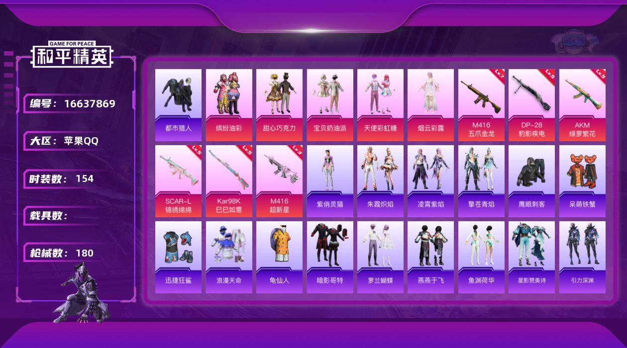 和平精英账号苹果QQ[16637869]DFZ402 苹果 手Q-6粉装-6特效枪-0载具-1粉色飞行器-56379热力值-8王牌印记-154套装-180枪皮
【热门品类】：粉装-缤纷油彩，套装-浪漫天命，套装-都市猎人