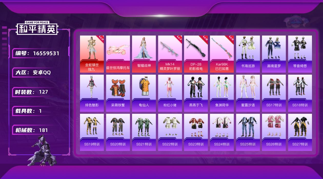和平精英账号安卓QQ[16559531]安卓 手Q-1神装-2粉装-3特效枪-1载具-2粉色飞行器-52384热力值-5王牌印记-127套装-181枪皮
【红色神装等级】：金蛇镇世-烛九(二级)
【红色角色神装】：金蛇镇