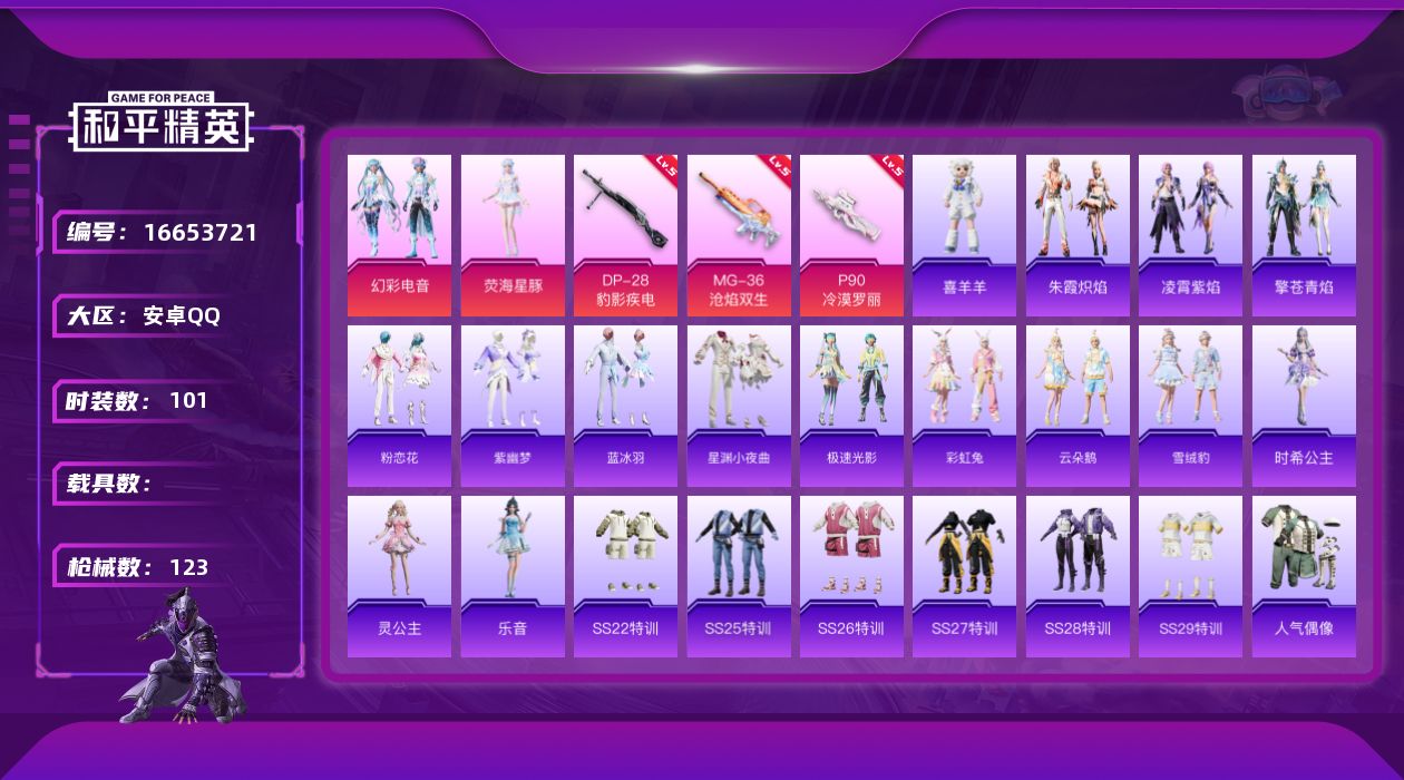 和平精英账号安卓QQ[16653721]【店主推荐捡漏号！可直接换绑】安卓 手Q-2粉装-3特效枪-1粉色飞行器-32428热力值-4王牌印记-101套装-123枪皮
【粉色套装】：粉装-幻彩电音，角色-荧海星豚
【粉色