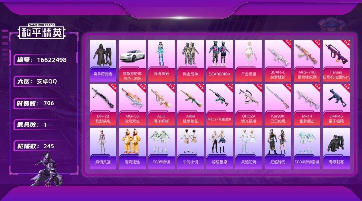 和平精英账号安卓QQ4粉装 12特效枪 1载具 16印记 可二次 
【热门装扮】BEARBRICK,奇异狩猎者,千金淑猫
