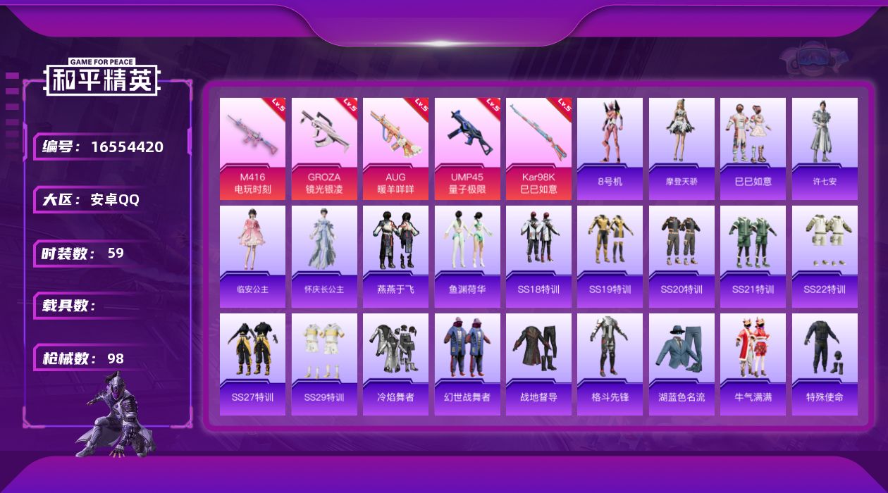 和平精英账号安卓QQ[16554420]安卓 手Q-0粉装-5特效枪-0载具-0粉色飞行器-26717热力值-1王牌印记-59套装-98枪皮
【热门品类】：角色-8号机
【粉色枪皮等级】：M416-电玩时刻(五级)，GR