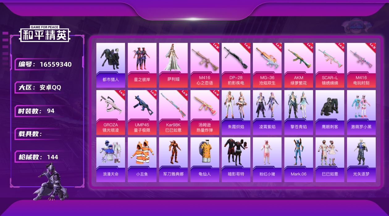 和平精英账号安卓QQ[16559340]安卓 手Q-2粉装-10特效枪-0载具-1粉色飞行器-40271热力值-5王牌印记-94套装-144枪皮
【热门品类】：套装-浪漫天命，套装-都市猎人，套装-小丑鱼，角色-军刀雅典
