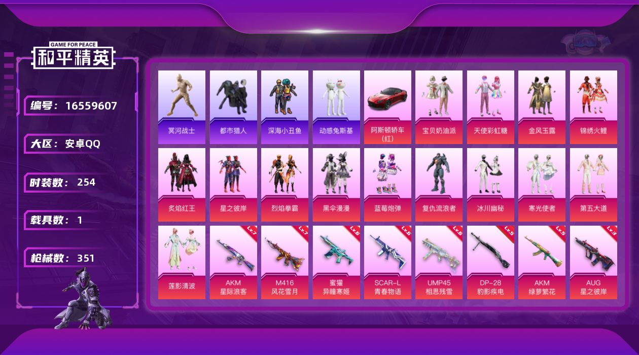 和平精英账号安卓QQ[16559607]安卓 手Q-14粉装-8特效枪-1载具-4粉色飞行器-119481热力值-14王牌印记-254套装-351枪皮
【热门品类】：套装-浪漫天命，套装-都市猎人，套装-冥河战士，套装-