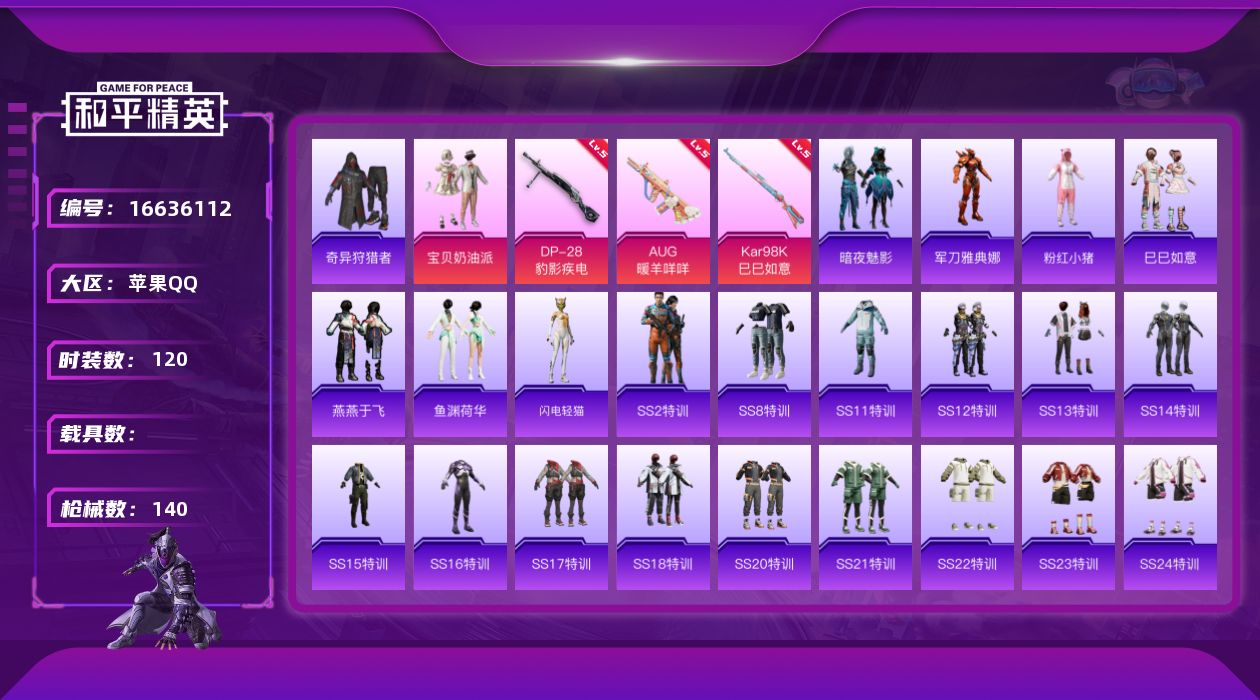 和平精英账号苹果QQ[16636112]【特价出售/店主推荐】手Q-1粉装-3特效枪-0载具-0粉色飞行器-42674热力值-5王牌印记-120套装-140枪皮
【热门品类】：套装-奇异狩猎者，角色-军刀雅典娜，套装-粉