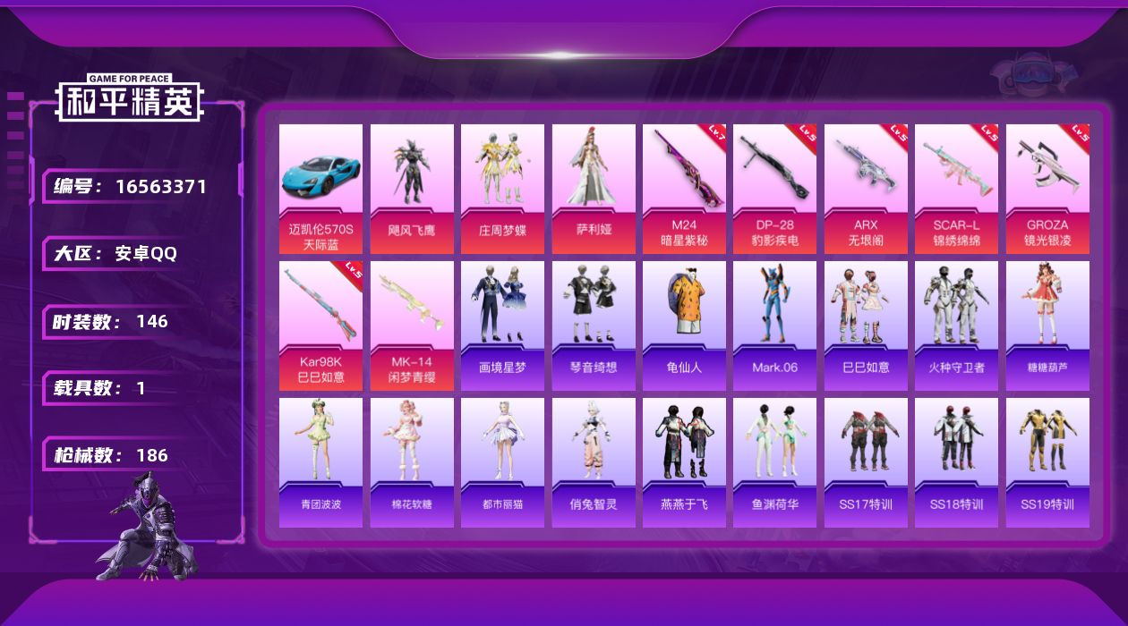 和平精英账号安卓QQ[16563371]安卓 手Q-3粉装-7特效枪-1载具-0粉色飞行器-53741热力值-11王牌印记-146套装-186枪皮
【热门品类】：套装-龟仙人，角色-Mark.06
【粉色套装】：粉装-飓