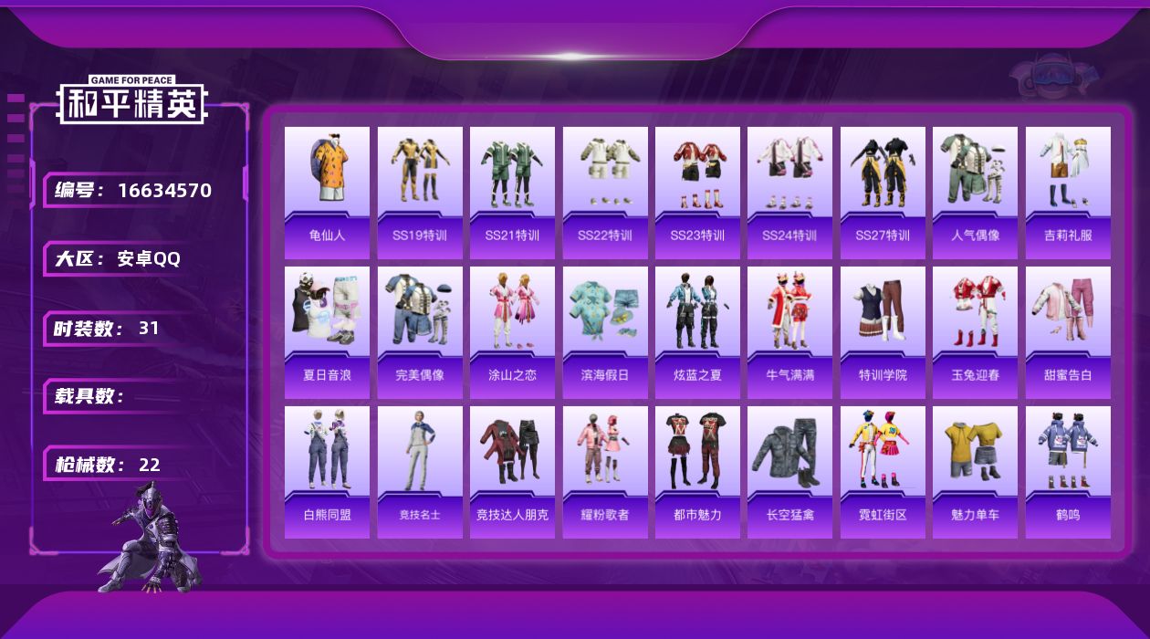 和平精英账号安卓QQ[16634570]安卓 手Q-0粉装-0特效枪-0载具-0粉色飞行器-8382热力值-1王牌印记-31套装-22枪皮
【热门品类】：套装-龟仙人
【稀有套装】：套装-龟仙人
【稀有枪皮】：AUG-天