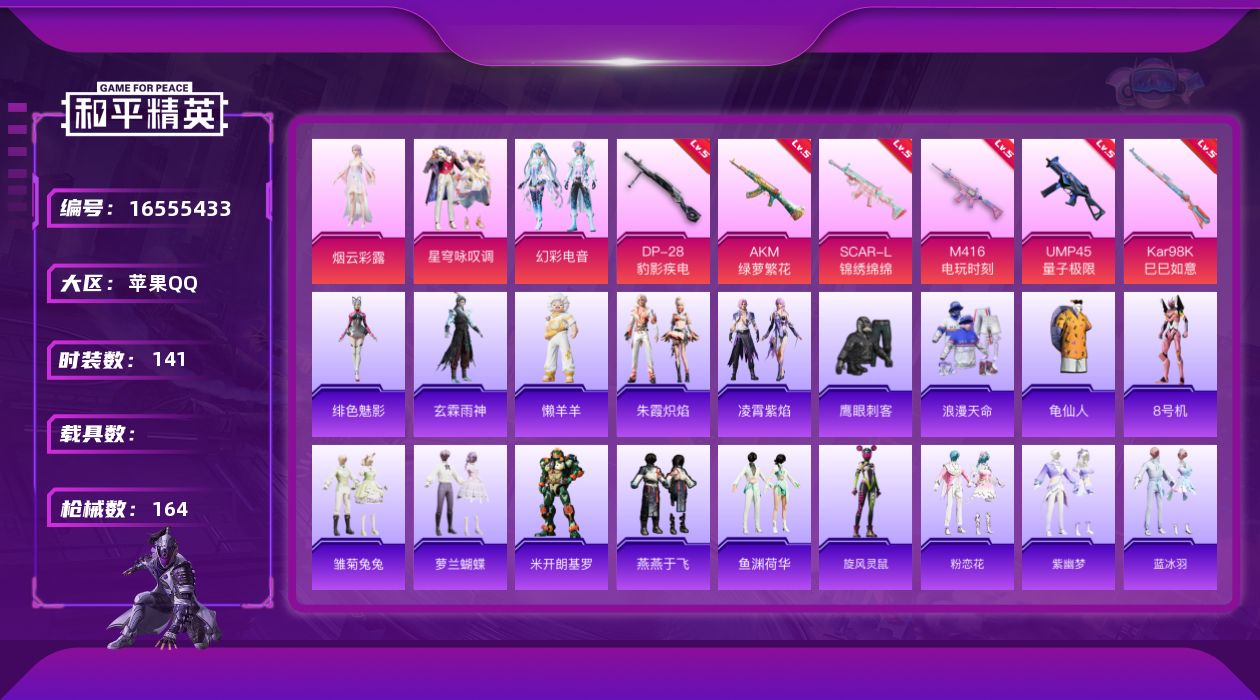和平精英账号苹果QQ[16555433]苹果 手Q-4粉装-6特效枪-0载具-1粉色飞行器-48234热力值-5王牌印记-141套装-164枪皮
【热门品类】：套装-浪漫天命，套装-龟仙人，角色-8号机
【粉色套装】：角